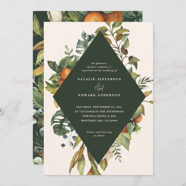 Orange citrus watercolor botanical wedding save the date (Front/Back)
