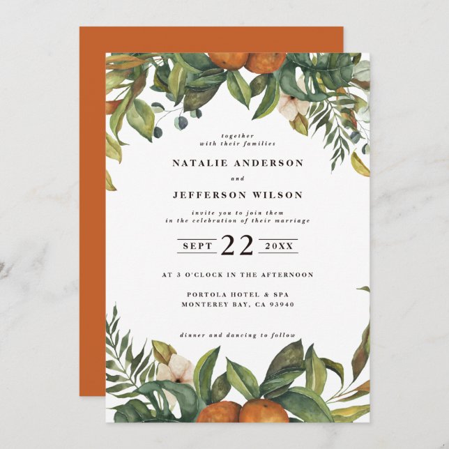 Orange citrus watercolor botanical wedding save the date (Front/Back)