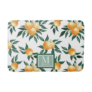 Orange Citrus Watercolor Monogram Name Bath Mat