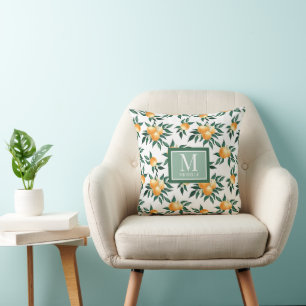 Orange Citrus Watercolor Monogram Name Cushion