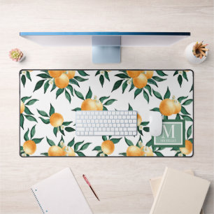 Orange Citrus Watercolor Monogram Name Desk Mat