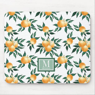 Orange Citrus Watercolor Monogram Name Mouse Pad