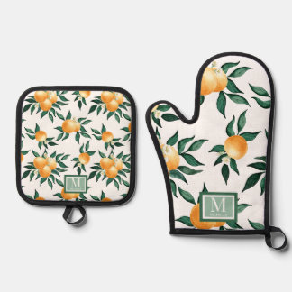 Orange Citrus Watercolor Monogram Name Oven Mitt & Pot Holder Set