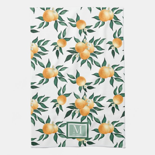 Orange Citrus Watercolor Monogram Name  Tea Towel (Vertical)