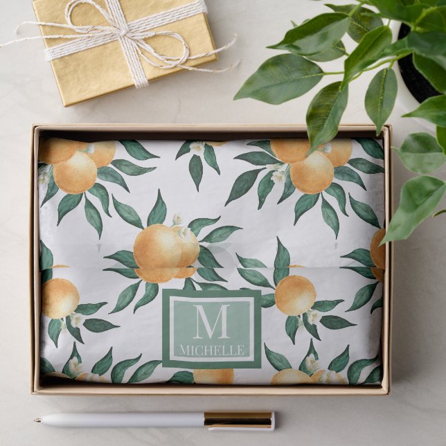 Orange Citrus Watercolor Monogram Name Tissue Paper (Gift)