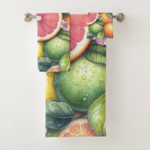 Orange Citrus Whimsical Watercolor Fruit & Floral Bath Towel Set