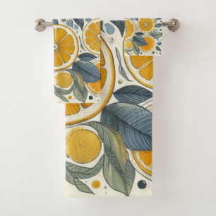 Orange Citrus Whimsical Watercolor Fruit & Floral  Bath Towel Set