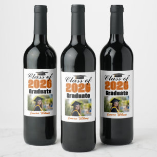 Orange Class of 2026 Graduation Party Photo Wine Label