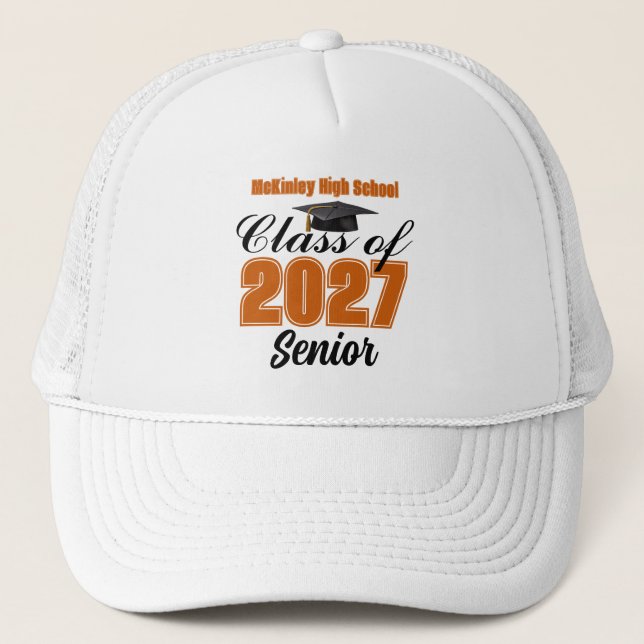 Orange Class of 2027 Senior Custom High School Trucker Hat (Front)