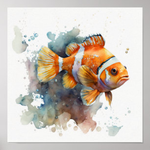 Orange Clownfish with Soft Watercolor Splashes Poster