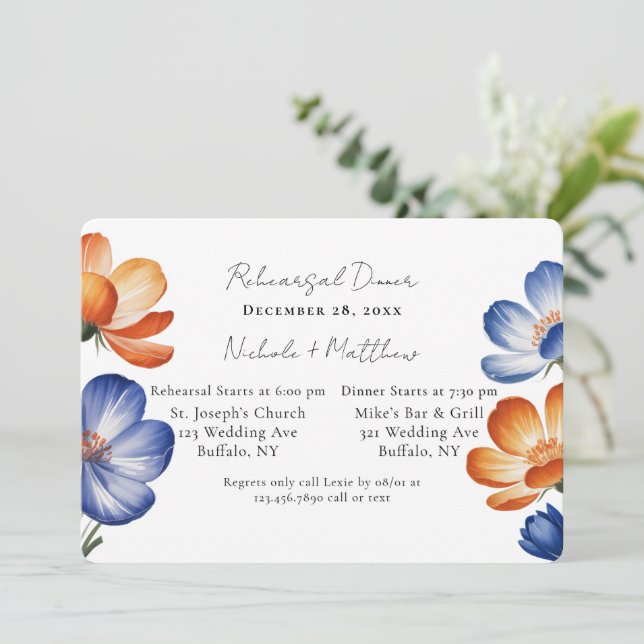 Orange & Cobalt Blue Floral Rehearsal Dinner Invitation (Standing Front)