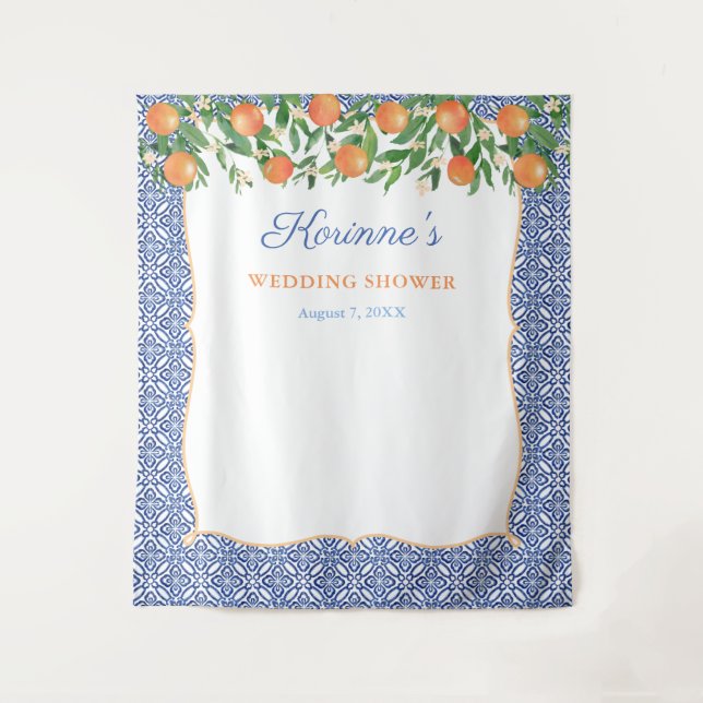 Orange Cobalt Blue Wedding Shower Photo Backdrop Tapestry (Front)