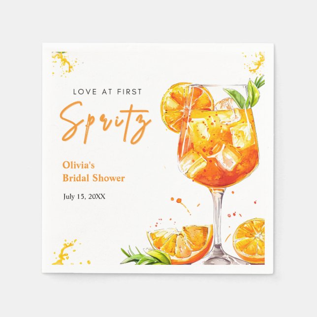 Orange Cocktail Love at First Spritz Bridal Shower Napkin (Front)