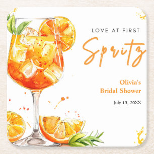 Orange Cocktail Love at First Spritz Bridal Shower Square Paper Coaster