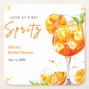 Orange Cocktail Love at First Spritz Bridal Shower Square Paper Coaster