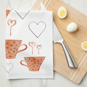 Orange Coffee Mugs In Love Watercolor Illustration Tea Towel