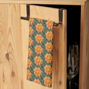 Orange Collarette Dahlia Floral Pattern Tea Towel
