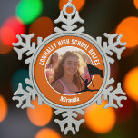 Orange Color Guard Photo High School Dancer Snowflake Pewter Christmas Ornament<br><div class="desc">This cool customized high school color guard photo gift features white typography of your team and dancer name on an orange Christmas ornament with a silhouette of a girl leaping and flag spinning. Personalize with your student's photograph and class year as a proud parent.</div>