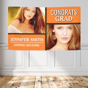 Orange Colour Block Modern Photo Graduation Party Banner