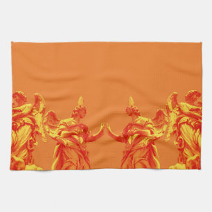 Orange colour digital art with sculptures tea towel