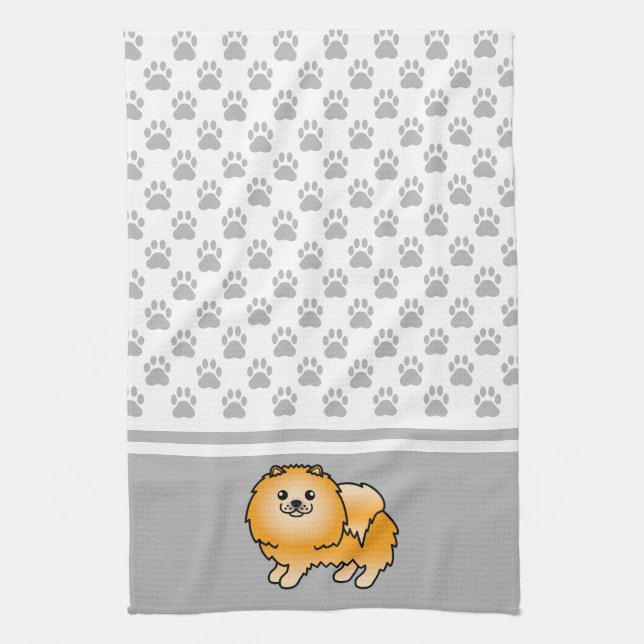 Orange Colour Pomeranian With Grey Paws Pattern Tea Towel (Vertical)