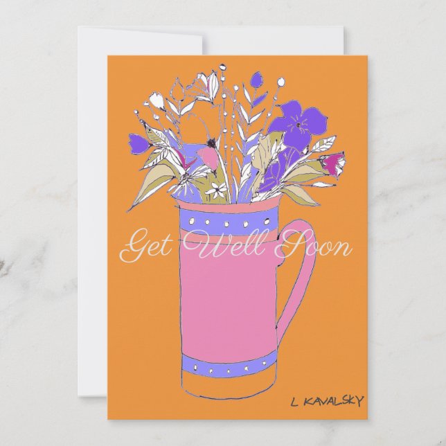 Orange Colourful Get Well Flowers In A Mug Card (Front)