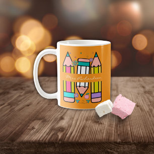 Orange Colourful teacher name pencil cartoon Coffee Mug
