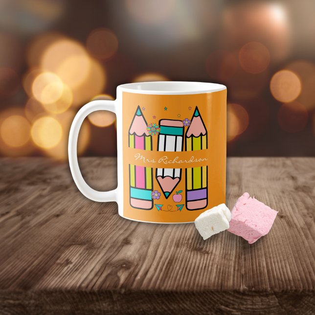 Orange Colourful teacher name pencil cartoon  Coffee Mug (Creator Uploaded)