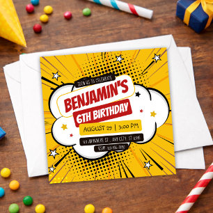 Orange Comic Superhero Pop Art Kids 6th Birthday Invitation