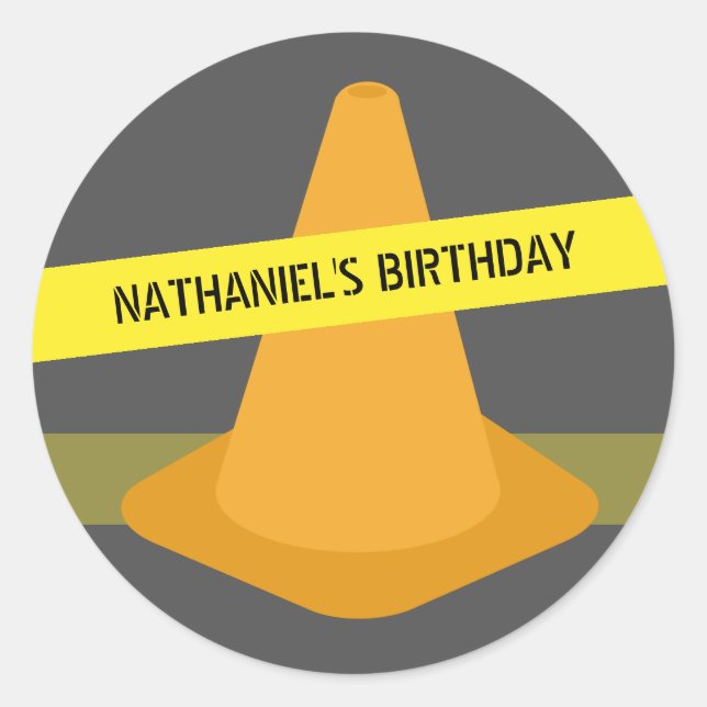 Orange Cone & Caution Tape Construction Birthday Classic Round Sticker (Front)