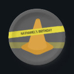 Orange Cone Caution Tape Construction Birthday Paper Plate<br><div class="desc">Birthday party plates featuring a construction themed design with illustrations of an orange cone and yellow caution tape.  Personalise the text.  Matching napkins,  invitations,  and more are available at Jill's Paperie.</div>