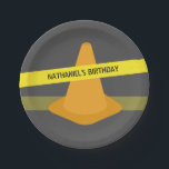 Orange Cone Caution Tape Construction Birthday Paper Plate<br><div class="desc">Birthday party plates featuring a construction themed design with illustrations of an orange cone and yellow caution tape.  Personalise the text.  Matching napkins,  invitations,  and more are available at Jill's Paperie.</div>