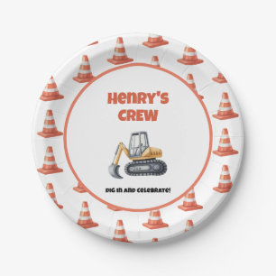 Orange Cone Construction Digger Name Boy Birthday Paper Plate