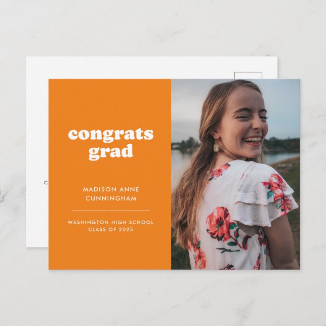 Orange Congrats Grad Photo Graduation Invitation Postcard (Front/Back)