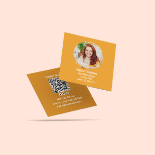 Orange Connect with Me Photo QR Code  Square Business Card