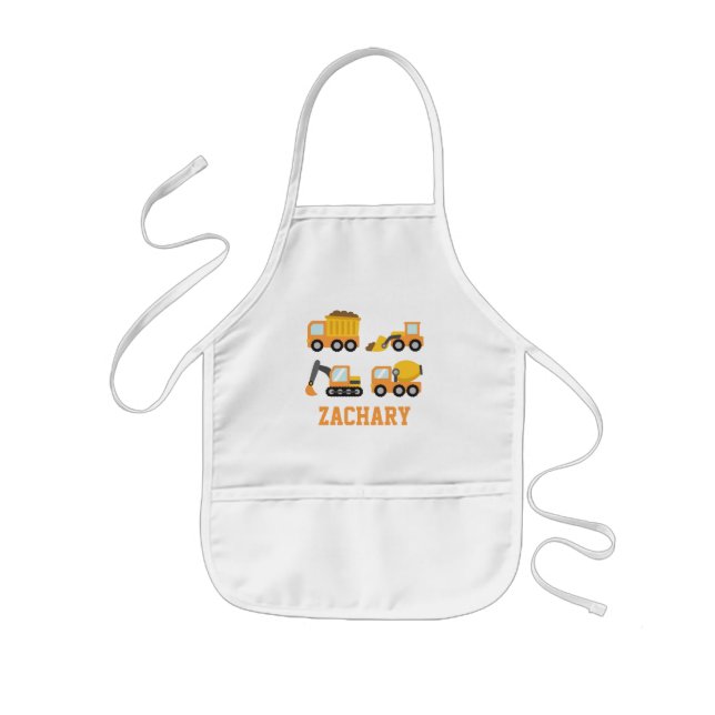 Orange Construction Vehicles and Trucks, Kids Name Kids Apron (Front)
