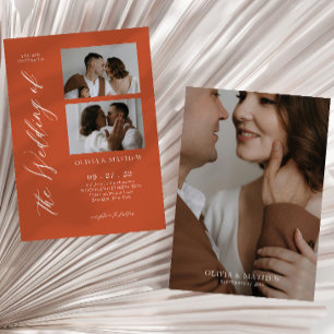 Orange Contemporary Script Photo Collage Wedding Invitation