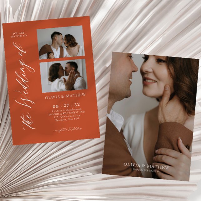 Orange Contemporary Script Photo Collage Wedding Invitation (Creator Uploaded)