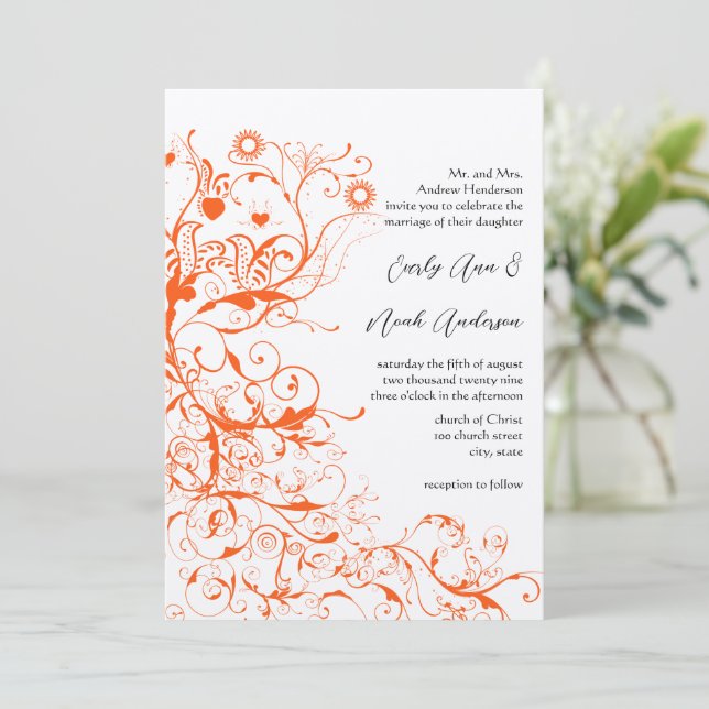Orange Coral Birds & Swirls Wedding Invitations (Standing Front)