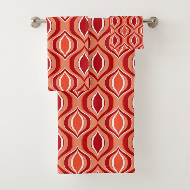 Orange, coral, brown diamond pattern. bath towel set (Insitu)