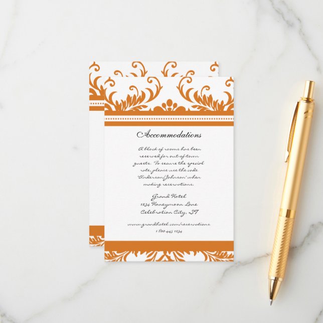 Orange Coral  Ivory Damask Wedding Enclosure Card (Front/Back In Situ)