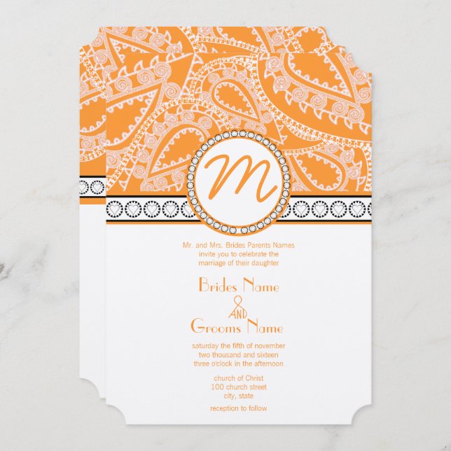 Orange Coral Monogram Paisley Wedding Invitation (Front/Back)