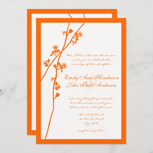 Orange Coral Wildflower Branch Wedding Invites (Front/Back)