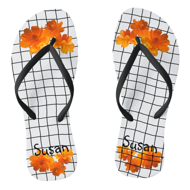 Orange Cosmos Flower on Black Grid on White Jandals (Footbed)