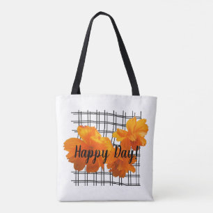 Orange Cosmos Flower on Black Grid on White Tote Bag