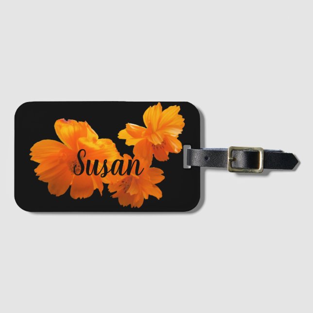 Orange Cosmos Flower on Black Luggage Tag (Front Horizontal)