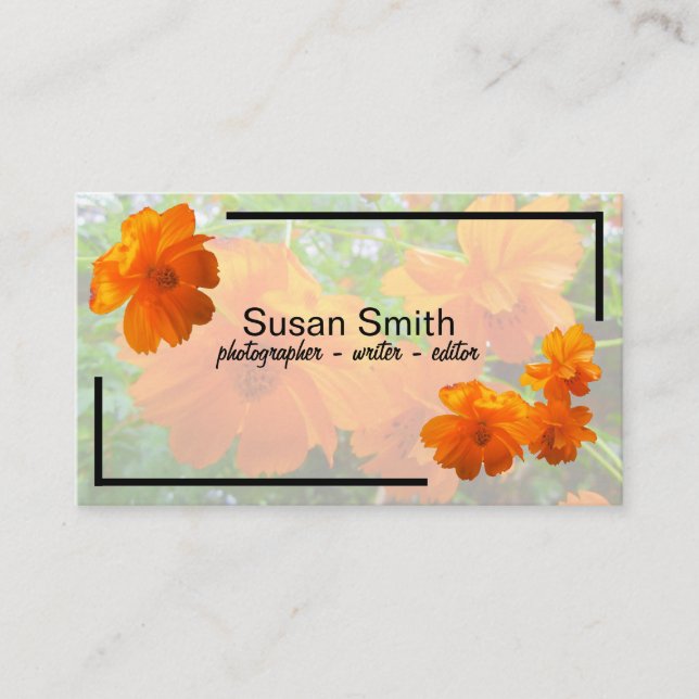 Orange Cosmos Flowers on Green Business Card (Front)