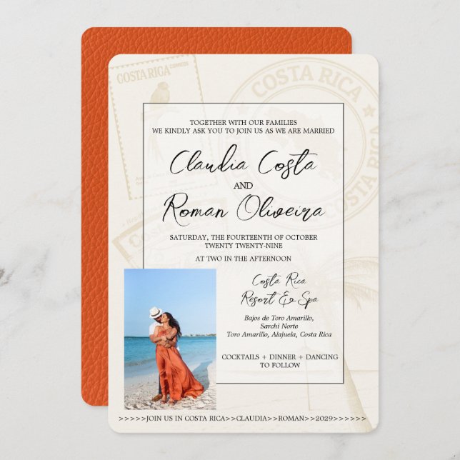 Orange Costa Rica Passport Wedding Invitation (Front/Back)