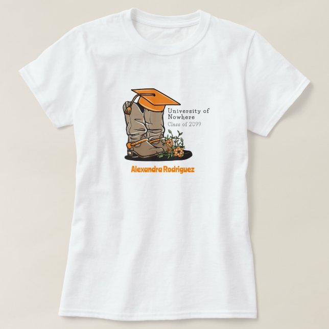 Orange Cowboy Boot Graduation Cap & Flowers T-Shirt (Design Front)
