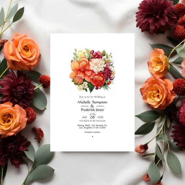 Orange, Cranberry, and Green Floral Wedding Invitation (Creator Uploaded)